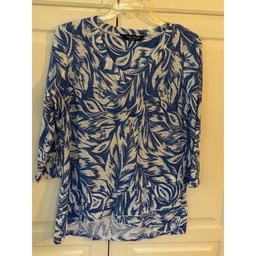 Tango Mango Womens‎ Blue White Leaf Print 3/4 Sleeve Top Shirt P/S
